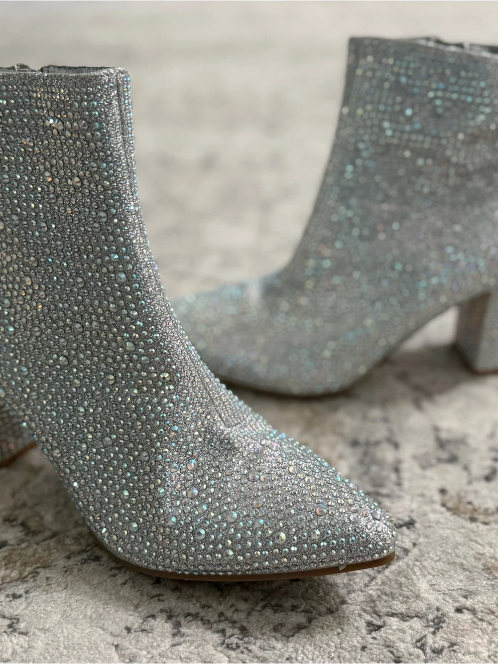 Women’s Sparkly Silver Rhinestone Ankle Boots Block Heel Pointed Toe